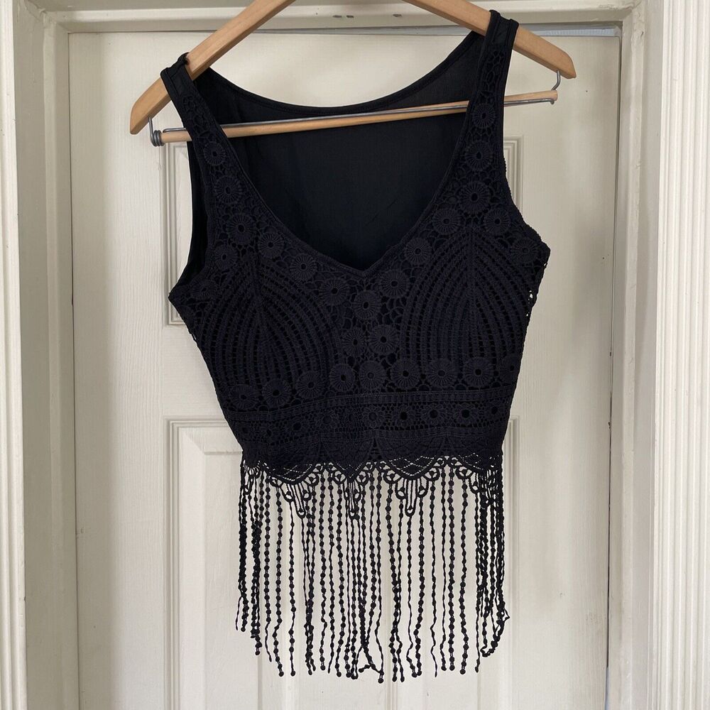 Fringe Crochet Crop Top Womens M Black Lace Boho Festival Glam Ren Faire Club